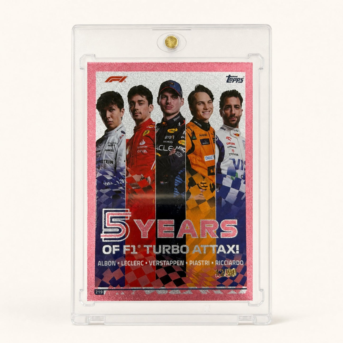 Topps Turbo Attax · 5 Years of F1 Turbo Attax · Albon, Leclerc, Verstappen, Piastri, Ricciardo · serial 12/90