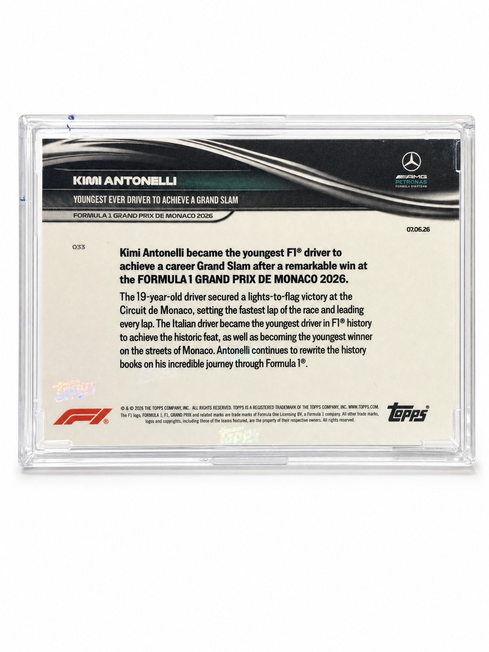 Topps Now · 07.06.26 · Kimi Antonelli youngest driver to achieve a Grand Slam — card back