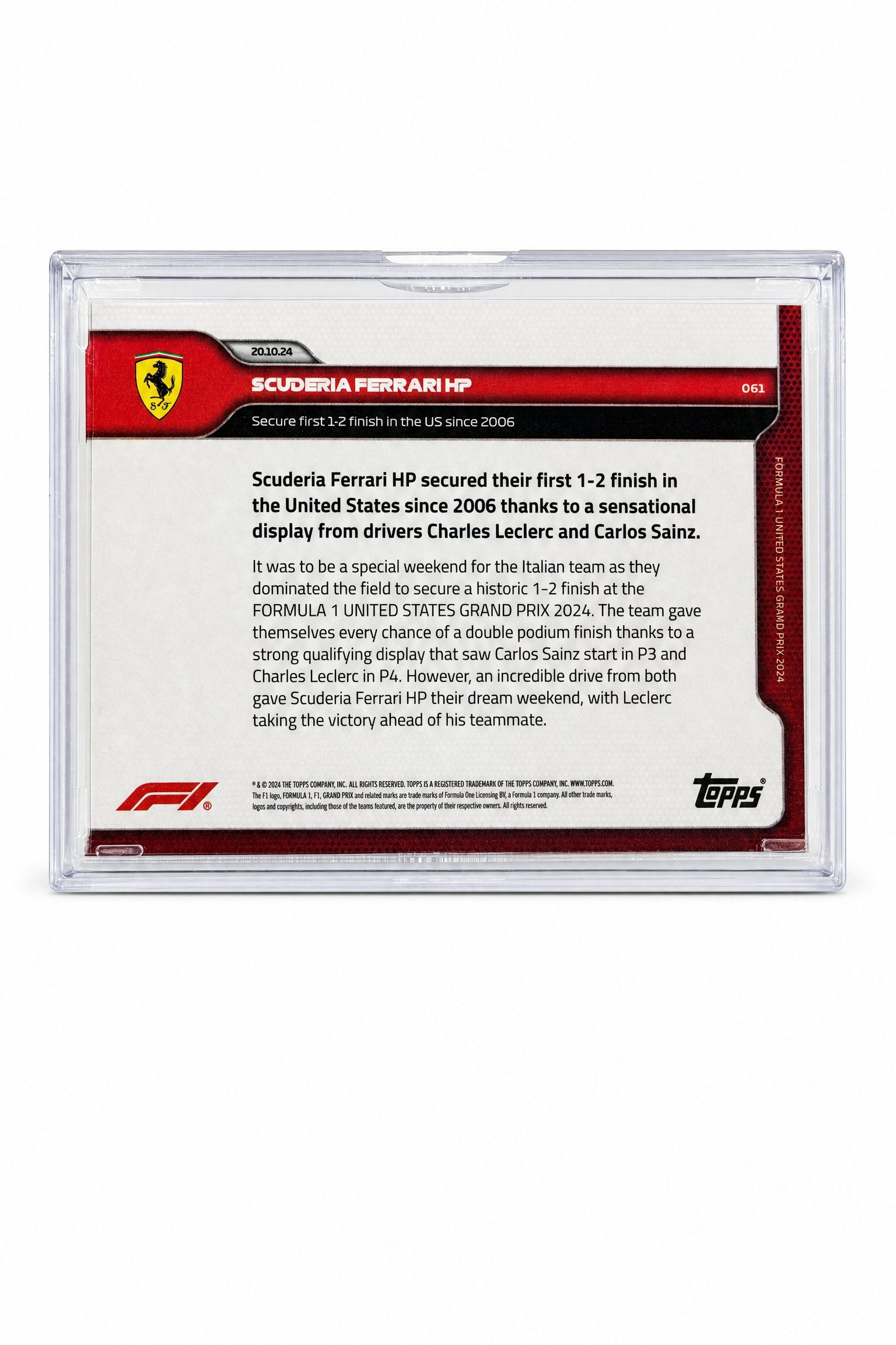 Topps Now · 20.10.24 · Ferrari secure first 1–2 finish since 2006 — card back