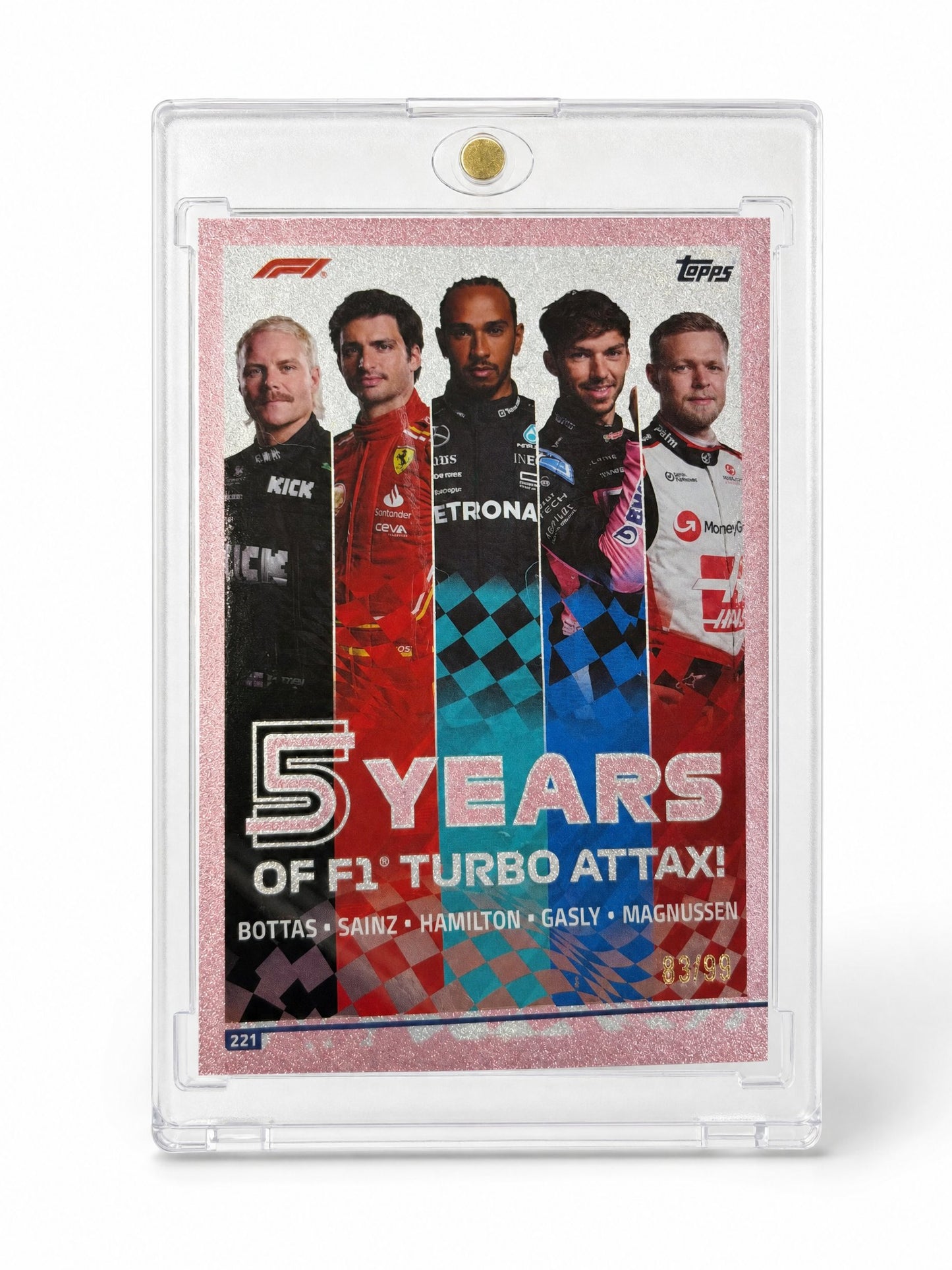 Turbo Attax · 5 Years of F1 Turbo Attax · Bottas, Sainz, Hamilton, Gasly, Magnussen · serial 02/90 — card back