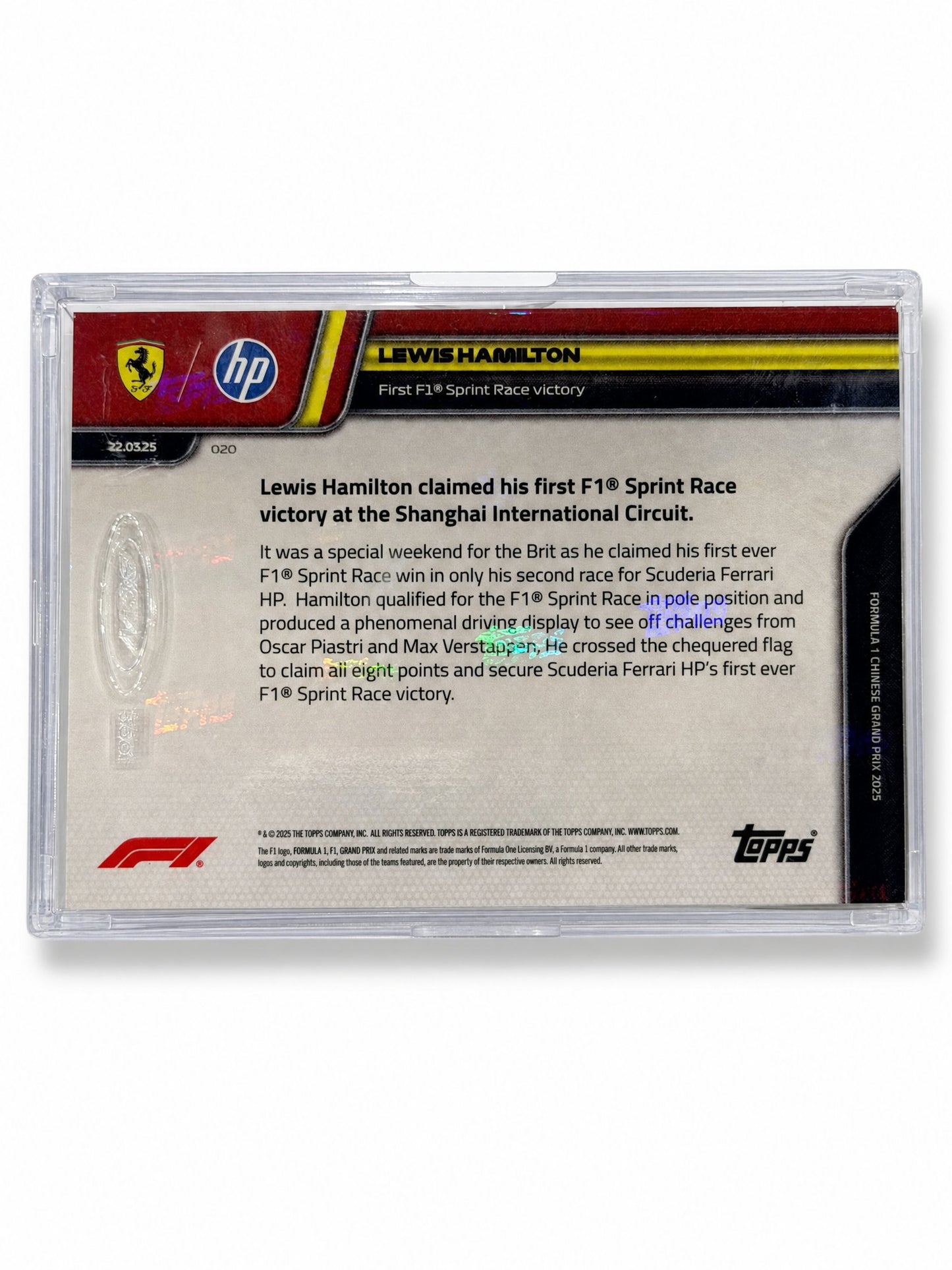 Topps Now · 22.03.25 · Lewis Hamilton first sprint-race victory — card back