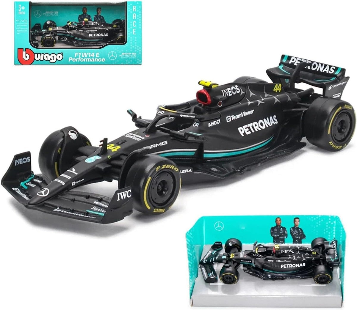 Bburago Mercedes-AMG F1 W14 E Performance — Lewis Hamilton — black — 1:43 · acrylic / plastic hard case