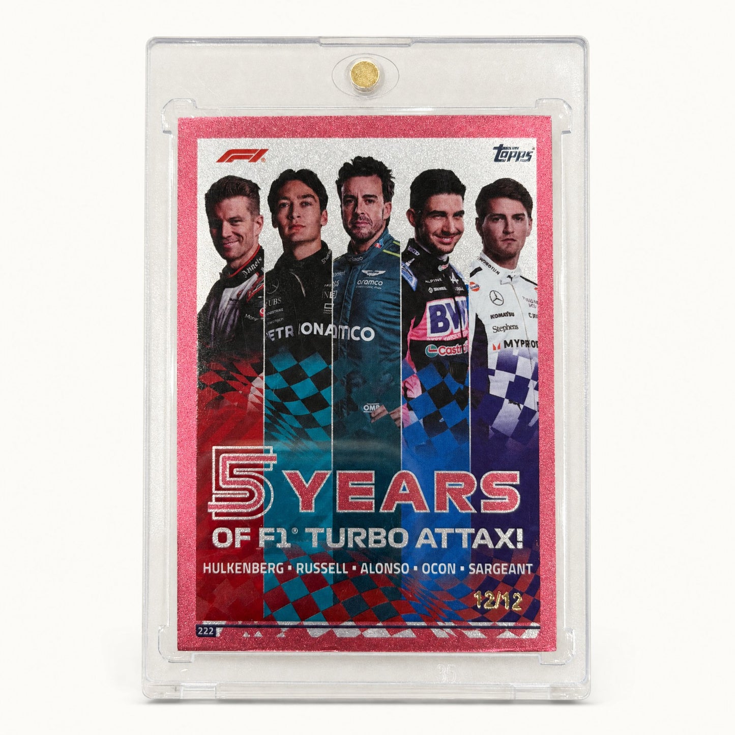 Topps Turbo Attax · 5 Years of F1 Turbo Attax · Hülkenberg, Russell, Alonso, Ocon, Sargeant · serial 12/12