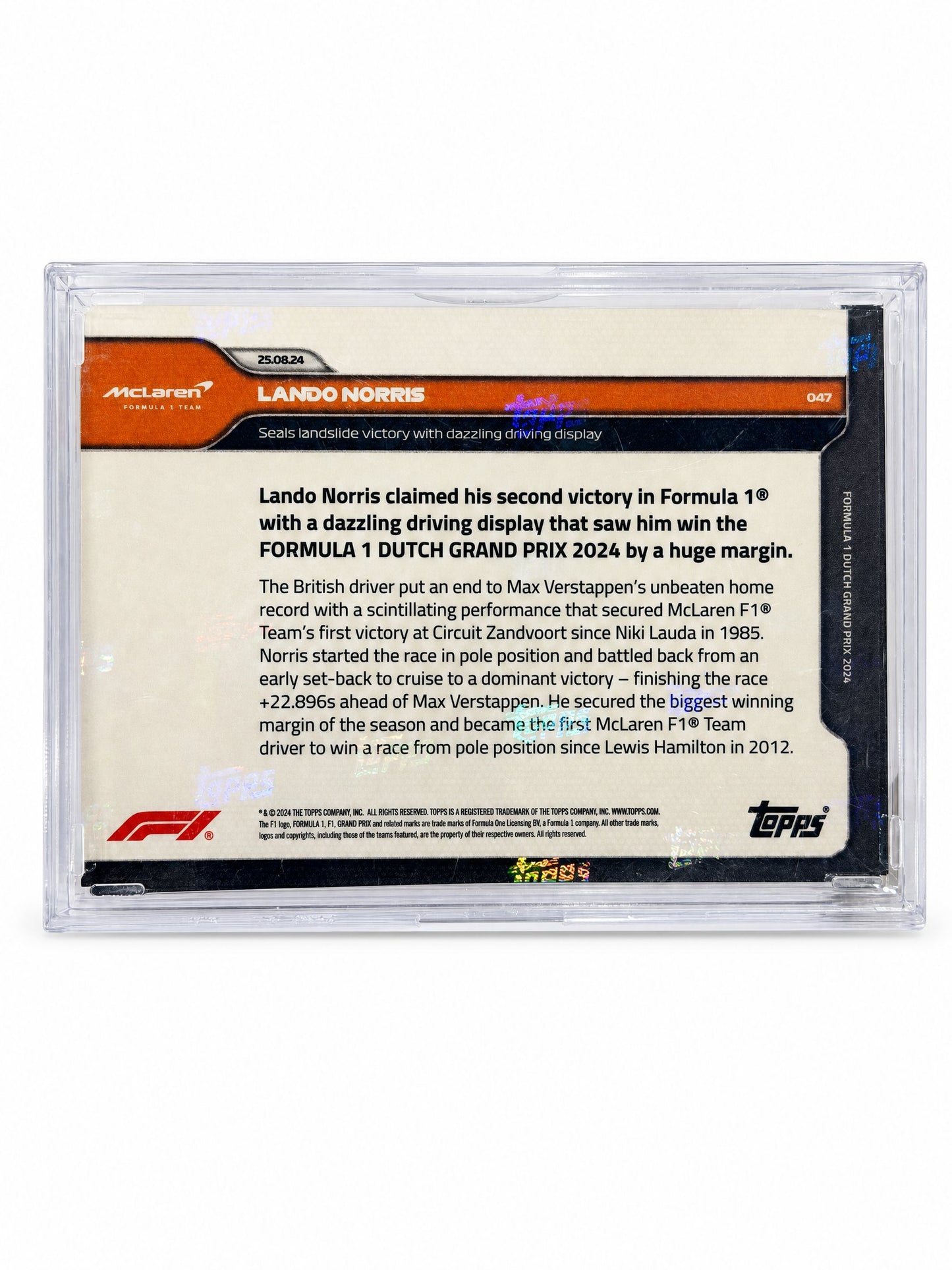 Topps Now · 25.08.24 · Lando Norris secures victory in Dutch GP — card back