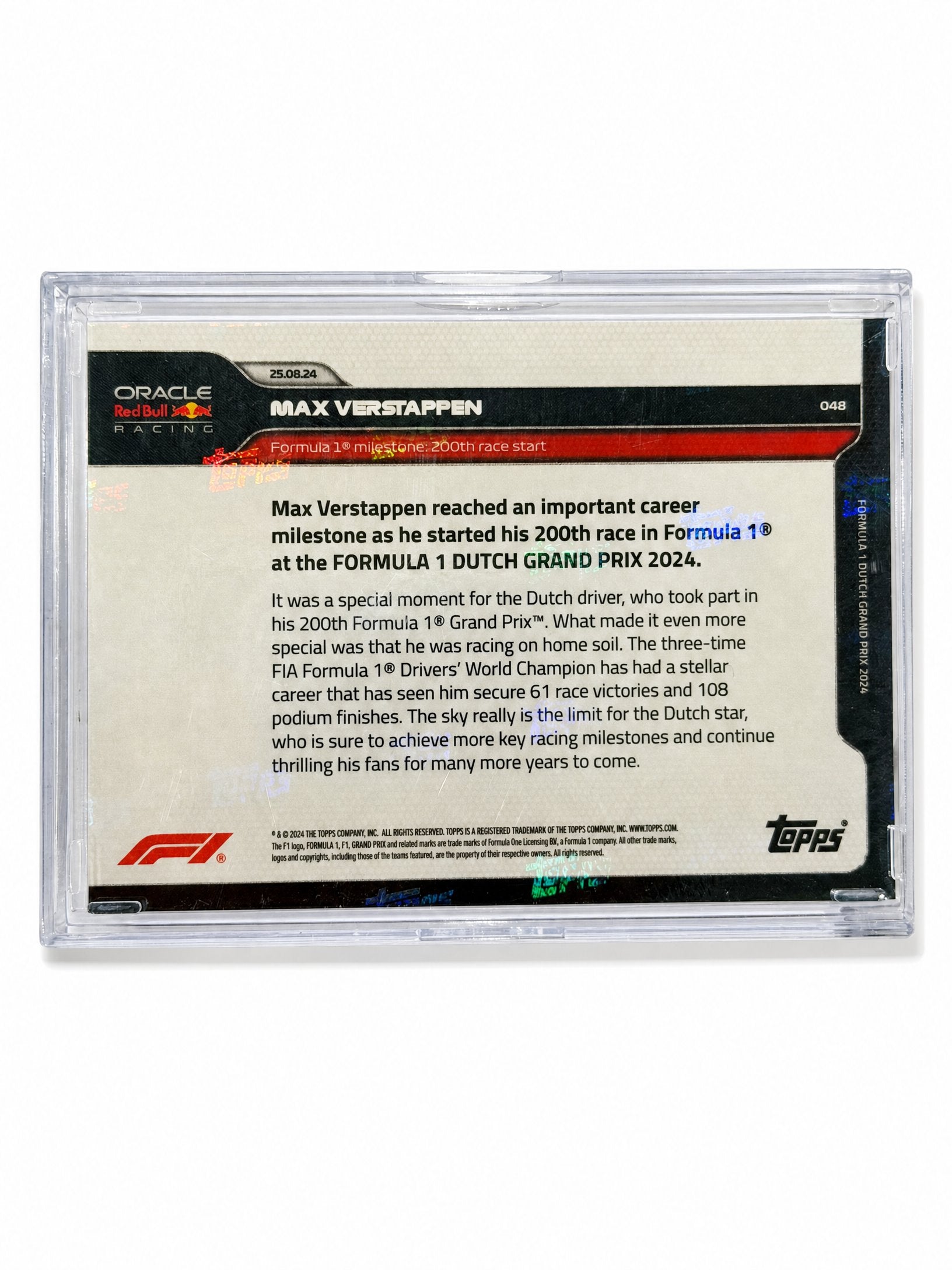 Topps Now · 25.08.24 · Max Verstappen milestone: 200th race start · home Grand Prix · 2nd place — card back